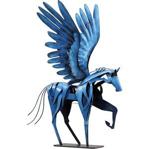 Horse Statue Décor Artwork 24" H Metal Pegasus Greek Flying Sculpture Blue